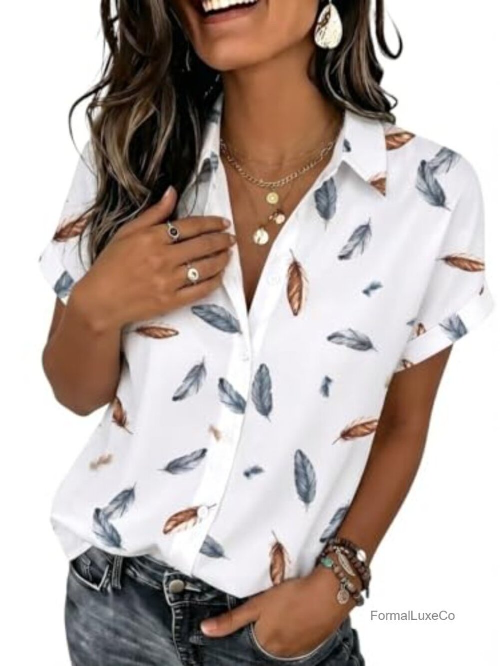 Short Sleeve Button Down V Neck Blouse Women Peasant Top